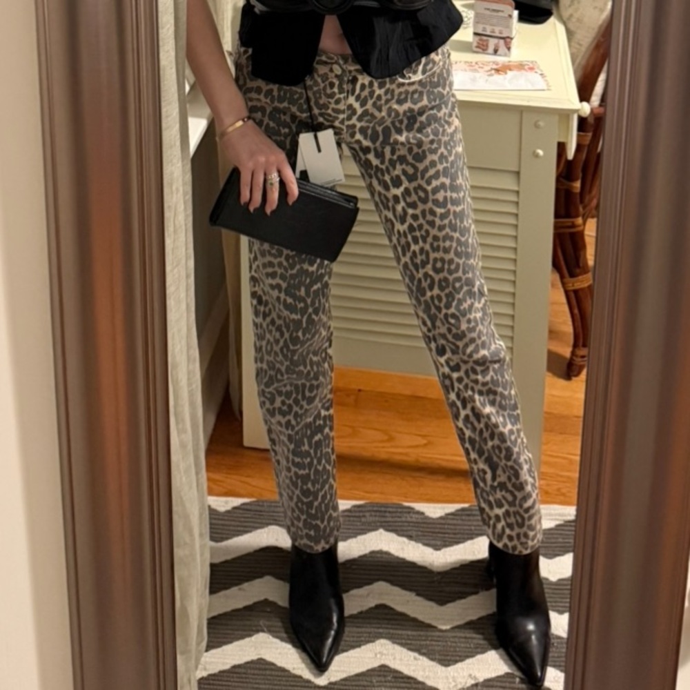 Zara Leopard Print Straight Leg Pants in Beige and Gray